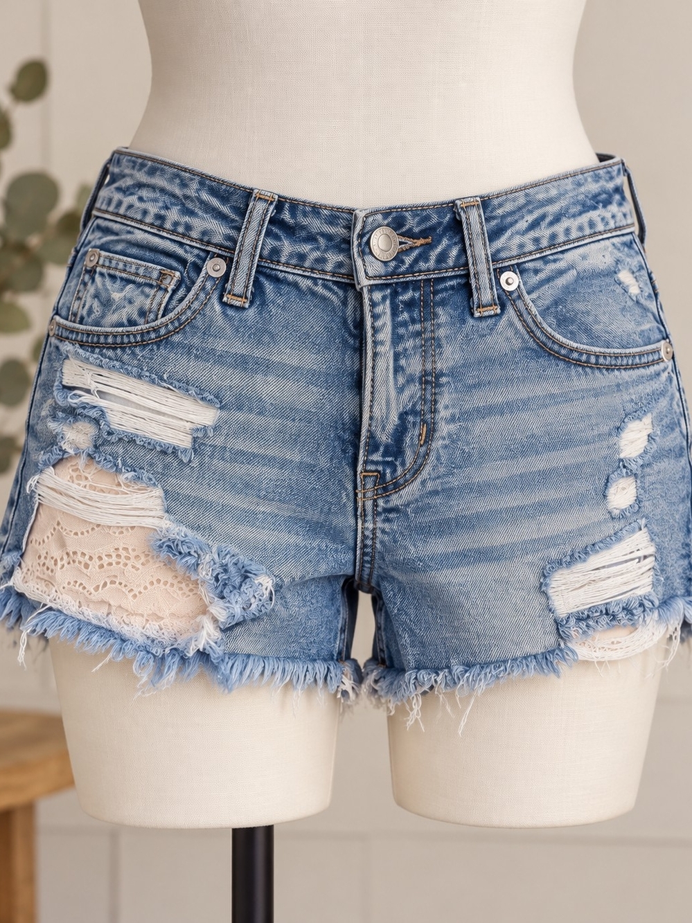 American Eagle Outfitters Light Blue Distressed Denim Shorts with Lace Panels